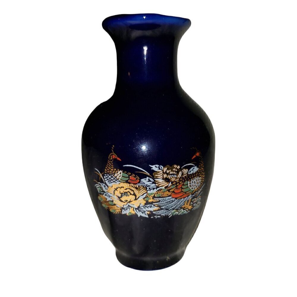 Vtg Peacock Floral Designed Japanese Cobalt Blue Porcelain Mini‎ Vase Pot 3.5"